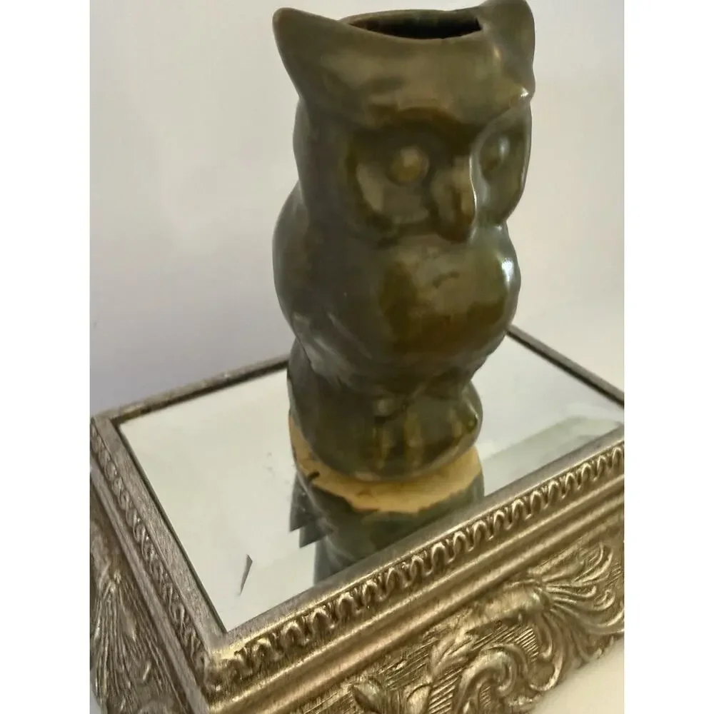 Vintage Mid Century 1948 Ceramic Avocado Green Estate Owl Bud Vase 4.25”